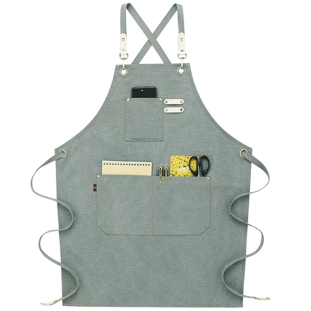 NEWGEM Cotton Canvas Cross Back Apron for Chef Cobbler Men Women with Pockets Kitchen Cooking Baking Woodworking Work Light Grey