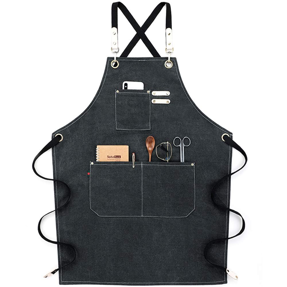 NEWGEM Cotton Canvas Cross Back Apron for Chef Cobbler Men Women with Pockets Kitchen Cooking Baking Woodworking Work Black
