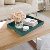 HofferRuffer Extra Large Serving Tray with Handles, Elegant Faux Leather Storage Decorative Tray for Coffee Table, Ottoman, Console Table (Green Tray+Golden Handle) view 3