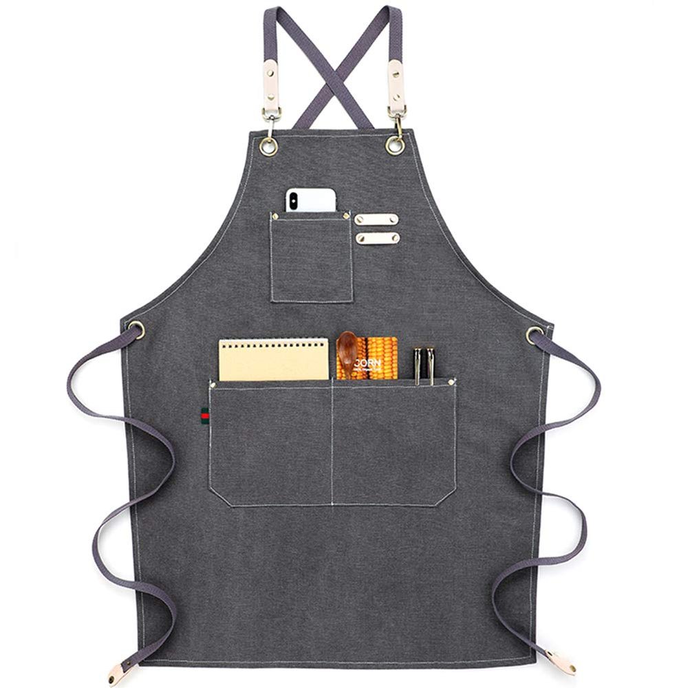 NEWGEM Cotton Canvas Cross Back Apron for Chef Cobbler Men Women with Pockets Kitchen Cooking Baking Woodworking Work Dark Gray