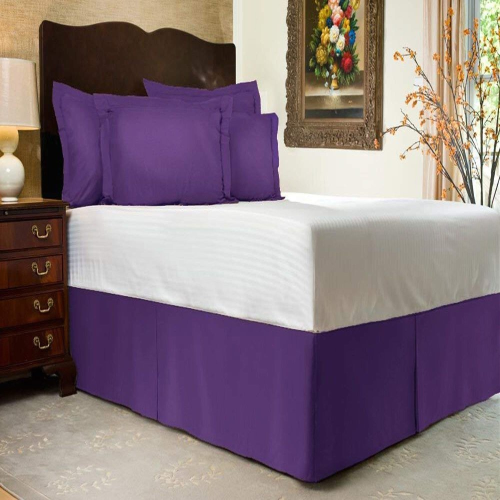 3 PC Premium Bed Skirt 100% Combed Cotton 600 Thread Counts King Size | Purple Pleated Dust Ruffle Bed Skirt Collection 16" Drop Length Pleated Styling (Bed Skirt with 2 Pillow Shams)