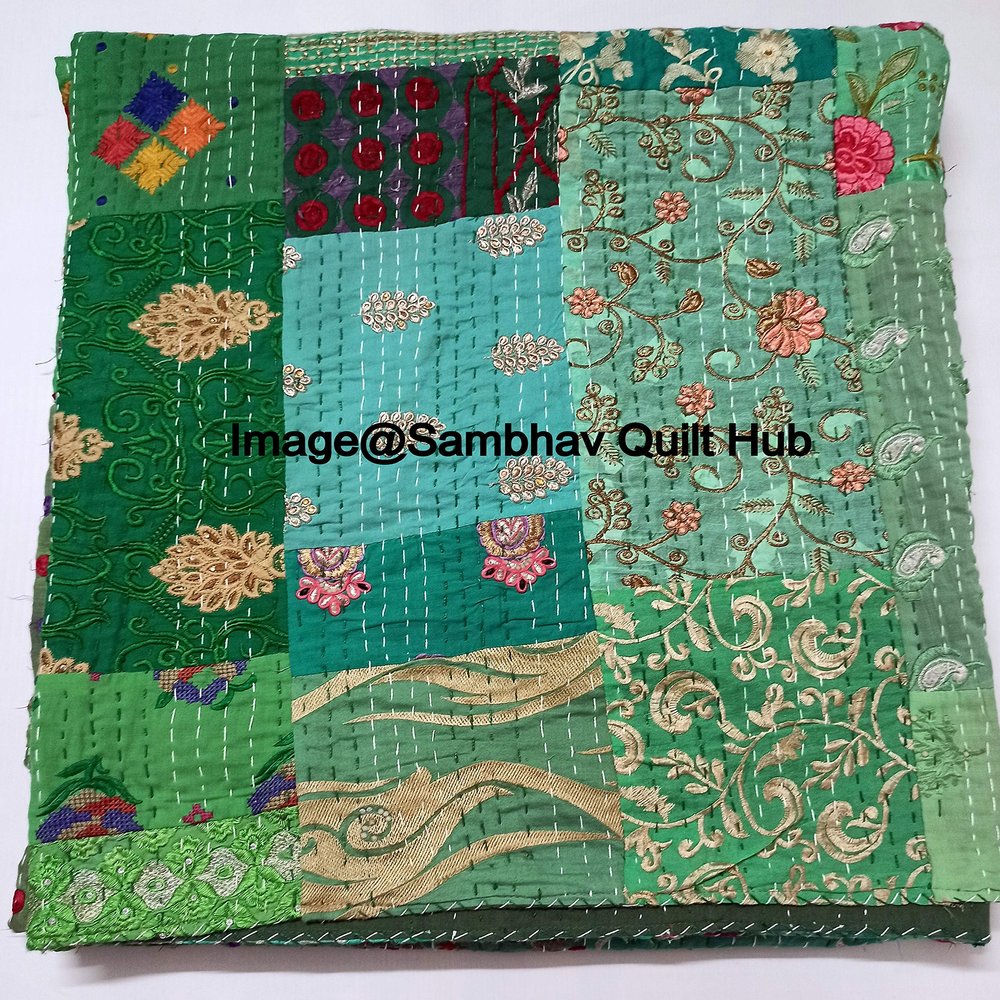 Beautiful Handmade Vintage Silk Sari Jari Patchwork Khambhadiya Kantha Quilt Reversible Bed Cover/Throw Blanket - Twin/Queen/King (Green, 60X90 inches)