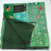Beautiful Handmade Vintage Silk Sari Jari Patchwork Khambhadiya Kantha Quilt Reversible Bed Cover/Throw Blanket - Twin/Queen/King (Green, 60X90 inches) view 2