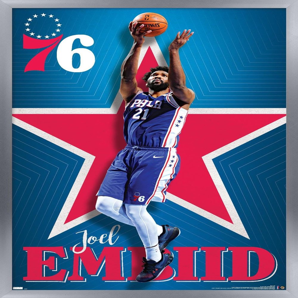 NBA Philadelphia 76ers - Joel Embiid 20 Wall Poster, 22.4L" x 14.7W", Silver Framed Version