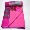 Beautiful Handmade Vintage Silk Sari Jari Patchwork Khambhadiya Kantha Quilt Reversible Bed Cover/Throw Blanket - Twin/Queen/King (Pink, 108X108 inches) view 1