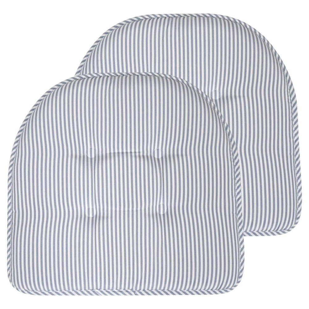 Sweet Home Collection Chair Cushion Memory Foam Pads Tufted Slip Non Skid Rubber Back U-Shaped 17" x 16" Seat Cover, 2 Count (Pack of 1), Pinstripe Blue