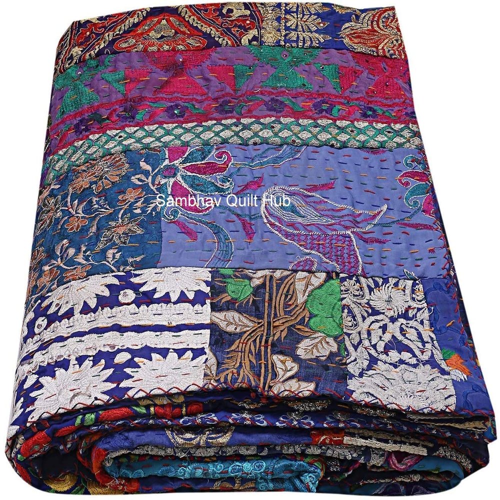 Beautiful Handmade Vintage Silk Sari Jari Patchwork Khambhadiya Kantha Quilt Reversible Bed Cover/Throw Blanket - Twin/Queen/King (Blue, 60X90 inches)