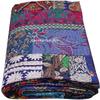 Beautiful Handmade Vintage Silk Sari Jari Patchwork Khambhadiya Kantha Quilt Reversible Bed Cover/Throw Blanket - Twin/Queen/King (Blue, 60X90 inches) view 1