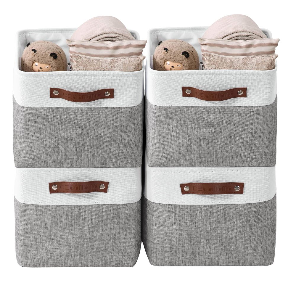 DECOMOMO Storage Baskets for Shelves - Fabric Storage Bins, Linen Closet Organizers and Storage (Grey & White, XL - 4 Pack)
