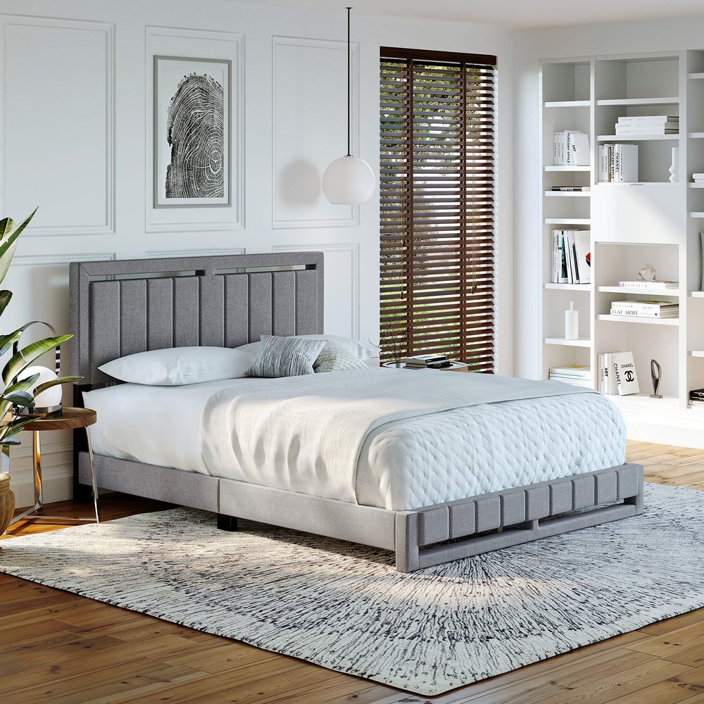 Boyd Sleep Beaumont Upholstered Platform Bed with Headboard, Mattress Foundation with Strong 14 Wood Slat Supports, No Box Spring Required, Gray Linen, Size King