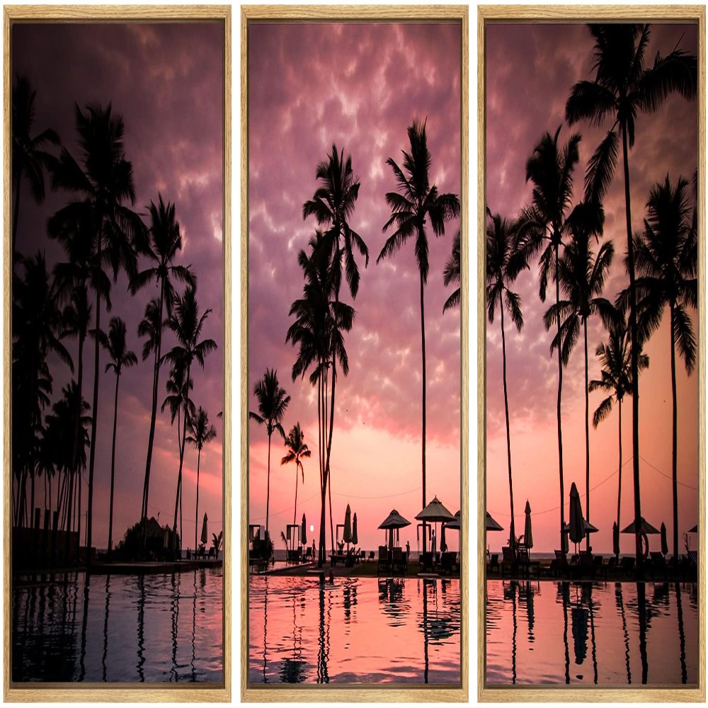 SIGNWIN Framed Canvas Wall Art Beautiful Sunset Reflection of Silhouettes Palm Trees Coastal Ocean Photography Modern Art Panoramic Relax/Calm for Living Room, Bedroom, Office - 16"x24"x3 Natural