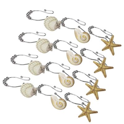 Cabilock 12 Pcs Stainless Steel Shower Curtain Hooks Seashell Ocean Decor Easy Install Bathroom Hooks