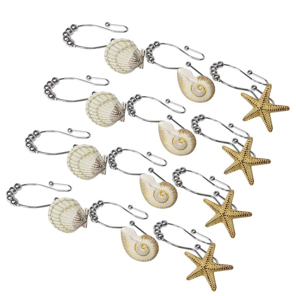 Cabilock 12 Pcs Stainless Steel Shower Curtain Hooks Seashell Ocean Decor Easy Install Bathroom Hooks