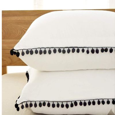 Bed Fringes Bedding Pom Pom UO Pillow Throw Cover Cushion Bed Bohemian Sham Sofa Tassels Cotton Pillow Cover Set of 2 (White-Black Pom Pom, 24x24 Inches)