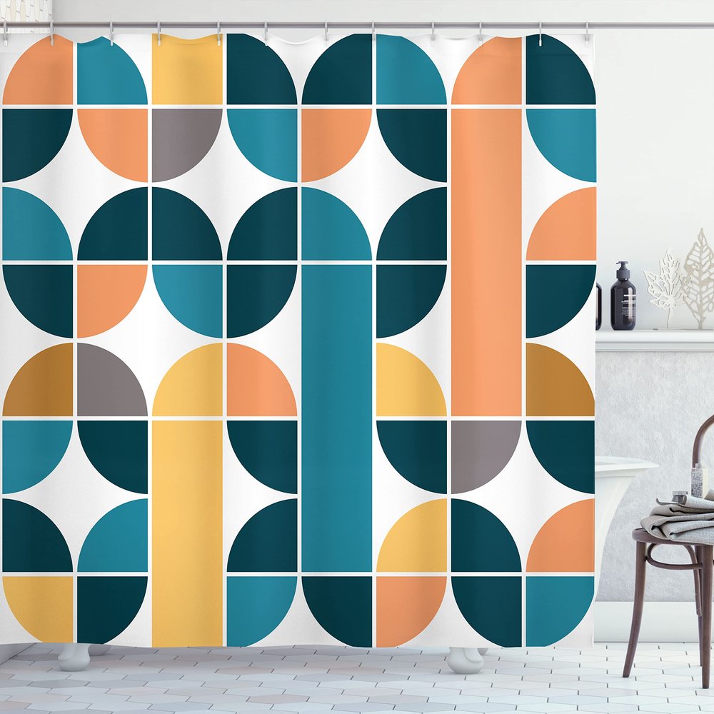 Ambesonne Retro Shower Curtain, Pop Art Funky Unusual Geometric Forms Mosaic Style Old Fashioned Graphic, Cloth Fabric Bathroom Decor Set with Hooks, 69" W x 84" L, Dark Teal