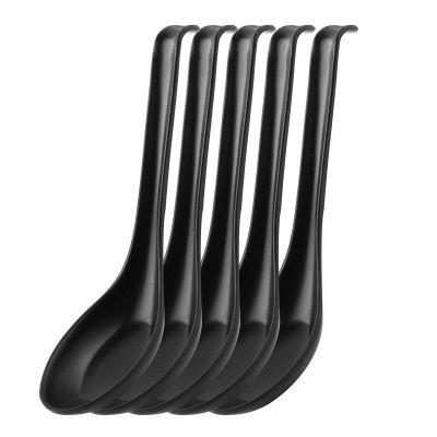 JEATHA Plastic Ramen Noodle Spoons Chinese Tasting Soup Spoons with Long Handle Dinner Tableware for Restaurants Food Shop 5Pcs Black 16cm