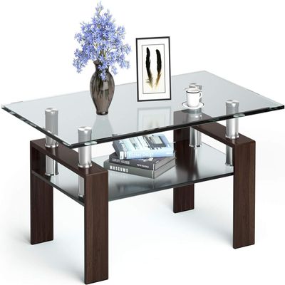 4everwinnerGlass Coffee Table for Living Room, 2-Tier Rectangle Coffee Table Tube Legs Modern End Side Table with Lower Shelf, Espresso,Brown