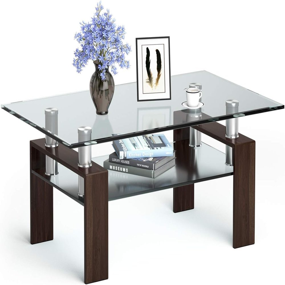 4everwinnerGlass Coffee Table for Living Room, 2-Tier Rectangle Coffee Table Tube Legs Modern End Side Table with Lower Shelf, Espresso,Brown