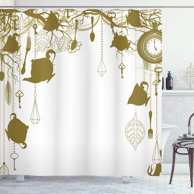 Ambesonne Antique Shower Curtain, Vintage Tea Party Diamond Forks Spoons Cups Leaves Tree Branch Art, Cloth Fabric Bathroom Decor Set with Hooks, 84" Long Extra, Fawn White