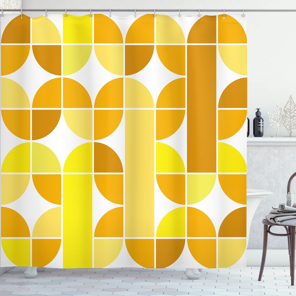 Ambesonne Retro Shower Curtain, Pop Art Funky Unusual Geometric Forms Mosaic Style Old Fashioned Graphic, Cloth Fabric Bathroom Decor Set with Hooks, 69" W x 84" L, Yellow Mustard