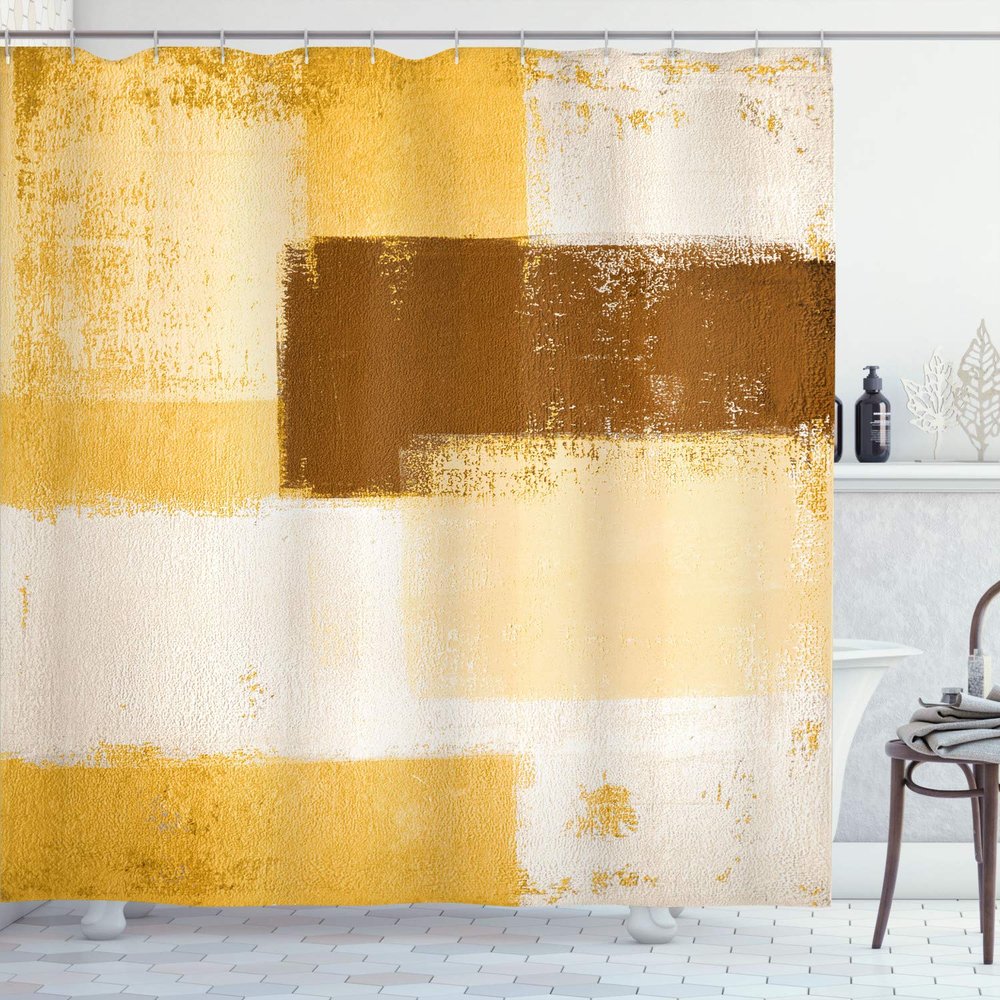 Ambesonne Abstract Shower Curtain, Abstract Grunge Style Brushstrokes Painting Contemporary Illustration, Cloth Fabric Bathroom Decor Set with Hooks, 69" W x 75" L, Mustard Caramel