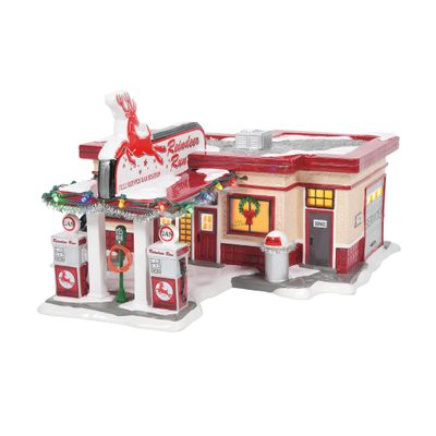 Department 56, Ceramic, Snow Village Reindeer Gas Station Lit Building, 6.42 Inch, Multicolor