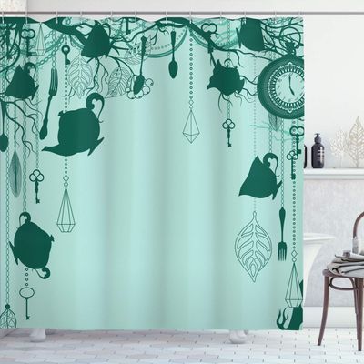 Ambesonne Antique Shower Curtain, Vintage Tea Party Diamond Forks Spoons Cups Leaves Tree Branch Art, Cloth Fabric Bathroom Decor Set with Hooks, 84" Long Extra, Forest Green