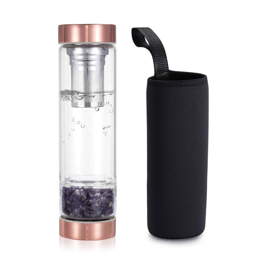 Yoption Crystal Water Bottle, Natural Amethyst Healing Glass Water Bottle, Includes a Loose Leaf Tea Infuser Bottle and Protective Sleeve