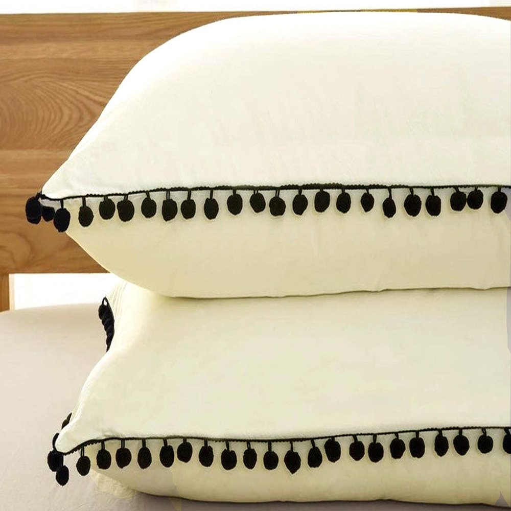 Bed Fringes Bedding Pom Pom UO Pillow Throw Cover Cushion Bed Bohemian Sham Sofa Tassels Cotton Pillow Cover Set of 2 (Beige-Black Pom Pom, 22x22 Inches)