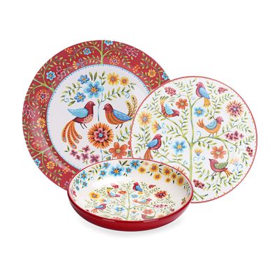 Bico Red Spring Bird Ceramic 12 pcs Dinnerware Set, Service for 4, Inclusive of 11 inch Dinner Plates, 8.75 inch Salad Plates and 35oz Dinner Bowls, for Party, Microwave & Dishwasher Safe