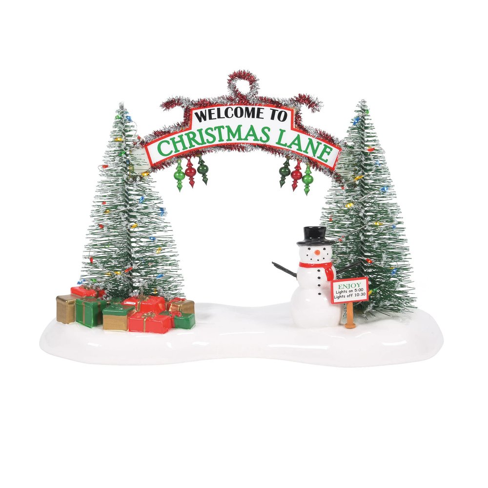 Department 56 Snow Village Accessories Welcome to Christmas Lane Festive Gate Lit Figurine, 7.48 Inch, Multicolor