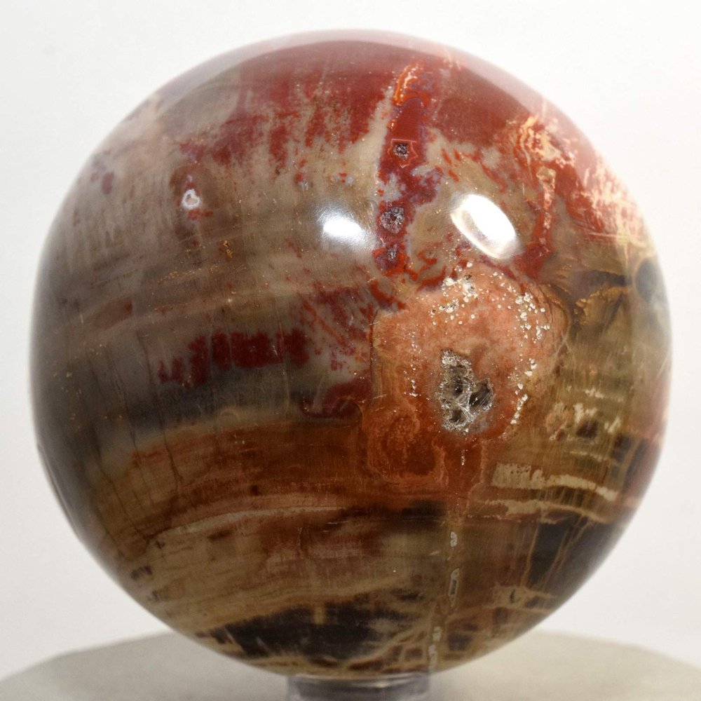 2.8" 490g Red Brown Petrified Fossil Agate Sphere Polished Natural Fossilized Gemstone Crystal Mineral w/Quartz Druzy Carved Ball - Madagascar + Stand
