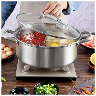AIZYR 304 Stainless Steel Hot Pot - 2 Grid 2 Taste Cooker Mandarin Duck Pot Kitchen Soup Cooking Tool with Glass Lid,30cm