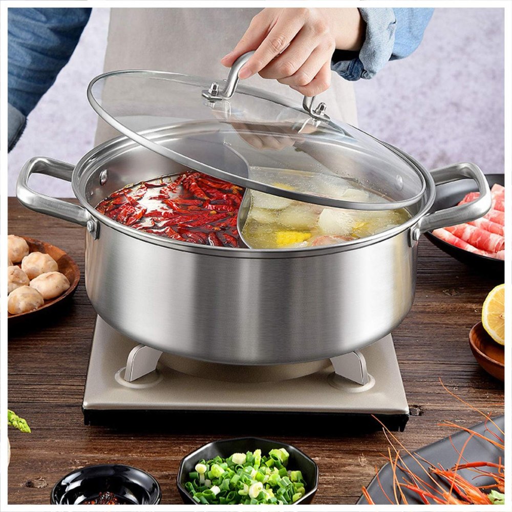 AIZYR 304 Stainless Steel Hot Pot - 2 Grid 2 Taste Cooker Mandarin Duck Pot Kitchen Soup Cooking Tool with Glass Lid,30cm