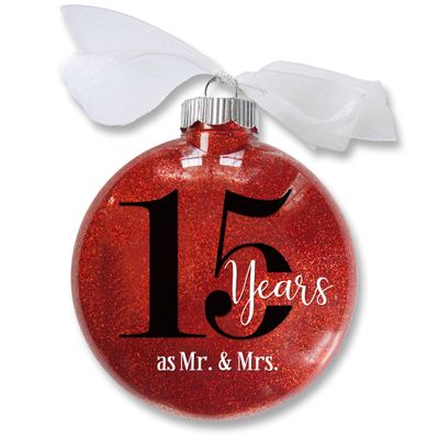 15th Wedding Anniversary Christmas Ornament, 15 Years as Mr & Mrs, Gift for Married Couple, Anniversary Keepsake, Traditional Glitter Bauble with White Organza Bow (15th Anniversary)