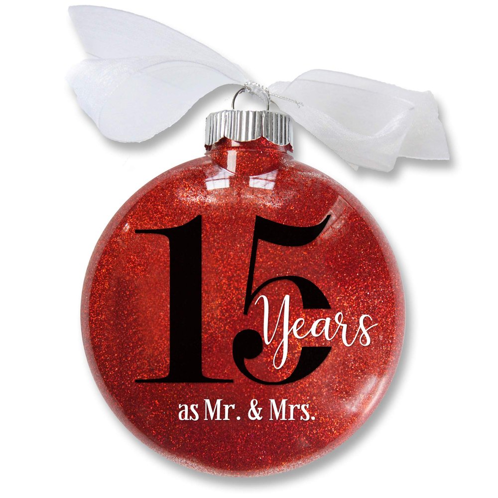 15th Wedding Anniversary Christmas Ornament, 15 Years as Mr & Mrs, Gift for Married Couple, Anniversary Keepsake, Traditional Glitter Bauble with White Organza Bow (15th Anniversary)