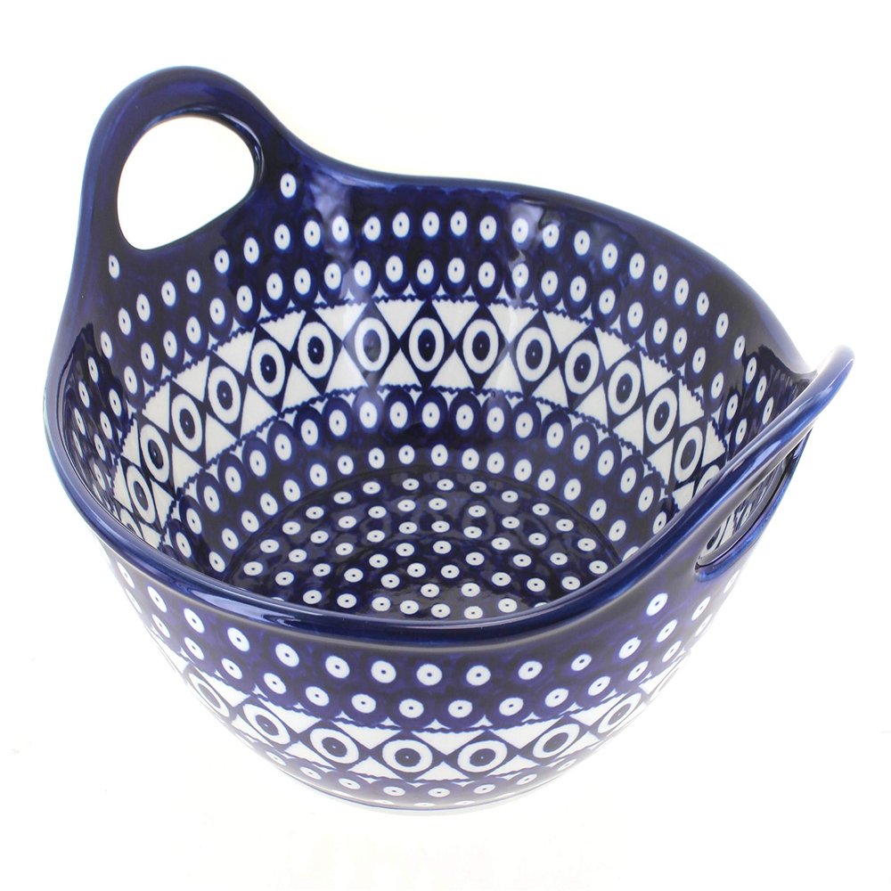Blue Rose Polish Pottery - Blue Xandra Deep Bowl with Handles - 12" Diameter - Perfect Bowl for Pastas, Bread, or any Side Dish