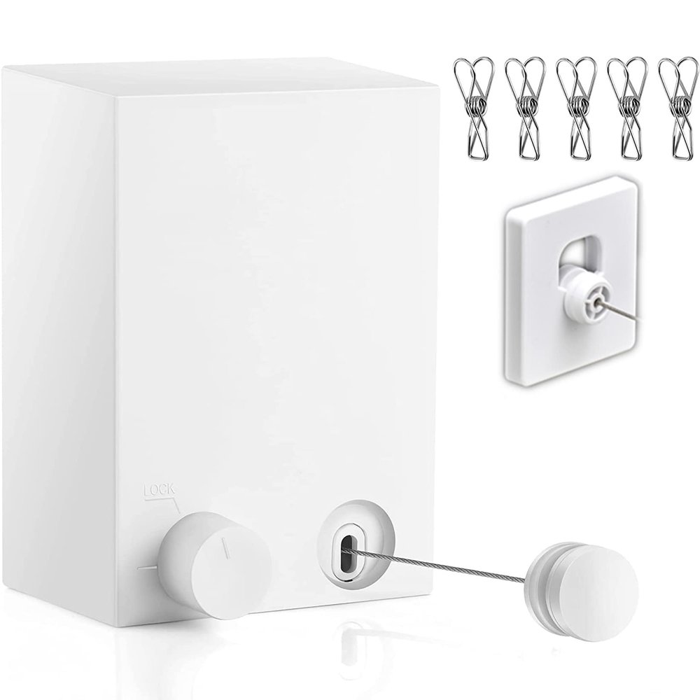 ABHILWY Retractable Clothesline Clothes Line Retracting Outdoor/Indoor, Heavy Duty Stainless Steel Adjustable Drying Rope Wire Dryer with ABS case+Aluminum, Self Adhesive Wall Mount 13.8 Feets White