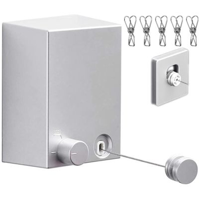 ABHILWY Retractable Clothesline Clothes Line Retracting Outdoor/Indoor, Heavy Duty Stainless Steel Adjustable Drying Rope Wire Dryer with ABS case+Aluminum, Self Adhesive Wall Mount 13.8 Feets Silver