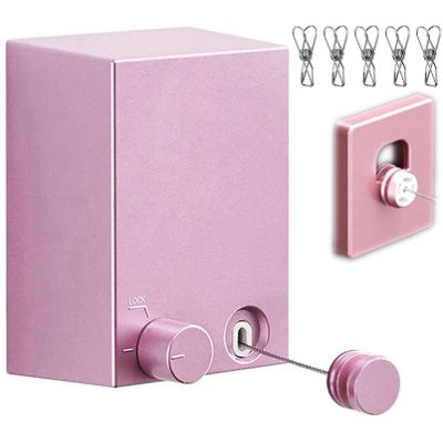 ABHILWY Retractable Clothesline Clothes Line Retracting Outdoor/Indoor, Heavy Duty Stainless Steel Adjustable Drying Rope Wire Dryer with ABS case+Aluminum, Self Adhesive Wall Mount 13.8 Feets Pink
