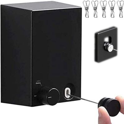 ABHILWY Retractable Clothesline Clothes Line Retracting Outdoor/Indoor, Heavy Duty Stainless Steel Adjustable Drying Rope Wire Dryer with ABS case+Aluminum, Self Adhesive Wall Mount 13.8 Feets Black