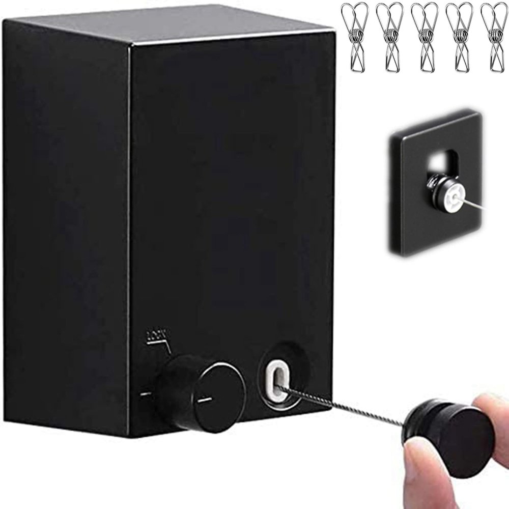 ABHILWY Retractable Clothesline Clothes Line Retracting Outdoor/Indoor, Heavy Duty Stainless Steel Adjustable Drying Rope Wire Dryer with ABS case+Aluminum, Self Adhesive Wall Mount 13.8 Feets Black