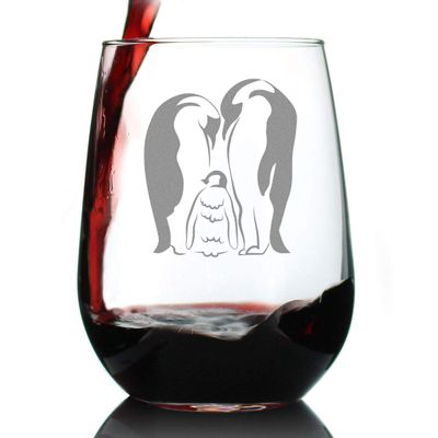 Bevvee Penguin Family - Stemless Wine Glass - Mom, Dad, Baby Penguin Themed Gifts and Decor - Large 17 oz