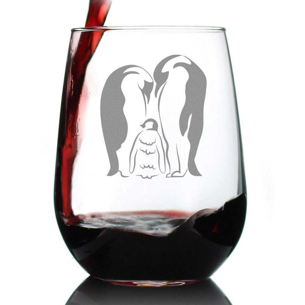 Bevvee Penguin Family - Stemless Wine Glass - Mom, Dad, Baby Penguin Themed Gifts and Decor - Large 17 oz
