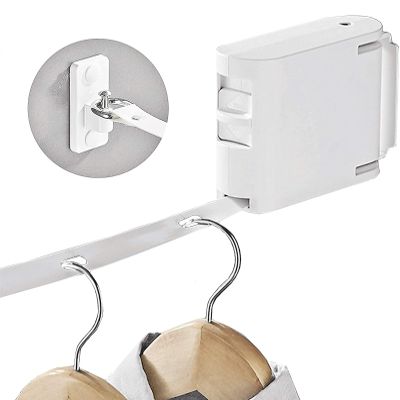 ABHILWY Retractable Clothesline Clothes Line Retracting Outdoor/Indoor, Heavy Duty Adjustable Drying Rope Wire Dryer Widened Belt, Self Adhesive Wall Mount Case with 29 Windproof Hanging Holes White