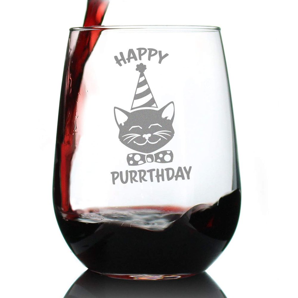 Bevvee Happy Purrthday - Funny Cat Stemless Wine Glass for Birthday - Cat Themed Bday Party Gifts and Decor - Large 17 Oz