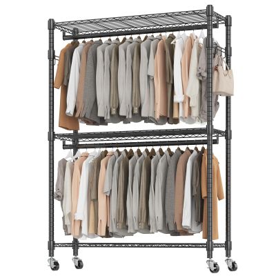 BATHWA Heavy Duty Garment Rack on Wheels, Rolling Clothes Racks for Hanging Storage, Simple Sturdy Metal Wardrobe Closet with Double Rods, 8 Side Hangers, 3 Shelves, Black