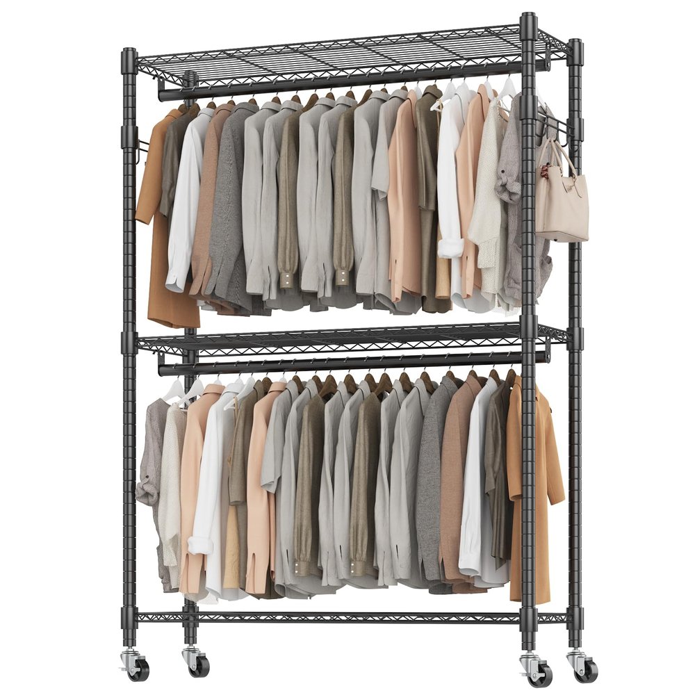BATHWA Heavy Duty Garment Rack on Wheels, Rolling Clothes Racks for Hanging Storage, Simple Sturdy Metal Wardrobe Closet with Double Rods, 8 Side Hangers, 3 Shelves, Black