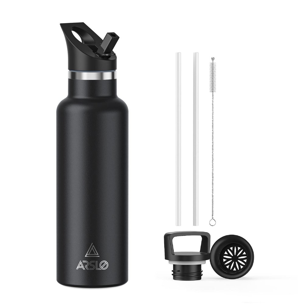 Arslo Stainless Steel Double Wall Water Bottles 20 Ounce, Vacuum Insulated Bottle With Straw Lid, Insulated Water Bottle Keeps Water Cold for 24 Hours, Hot for 12 Hours, Hiking, Sports