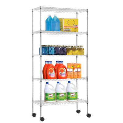 30" L14" W60" H Wire Shelving Unit Commercial Metal Shelf with 5 Tier Casters Adjustable Layer Rack Strong Steel for Restaurant Garage Pantry Kitchen GarageChrome
